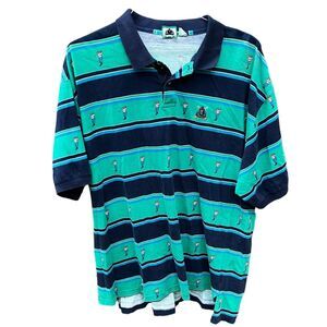 Vintage Izod Golf Polo Shirt Mens XL Blue Green Multi Striped Swinging Golfer